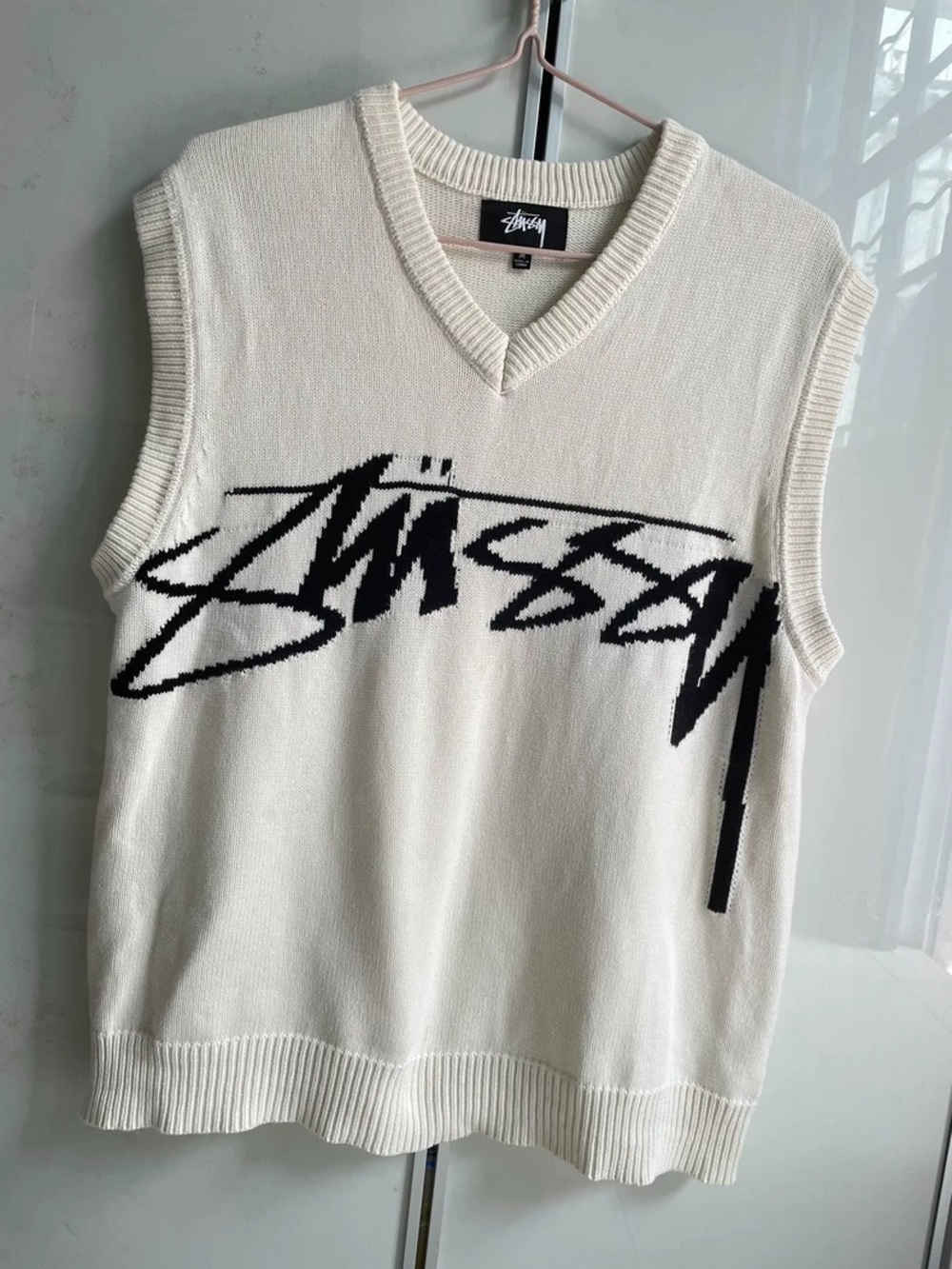 Stussy Cream V-Neck Sweater Vest with Black Logo